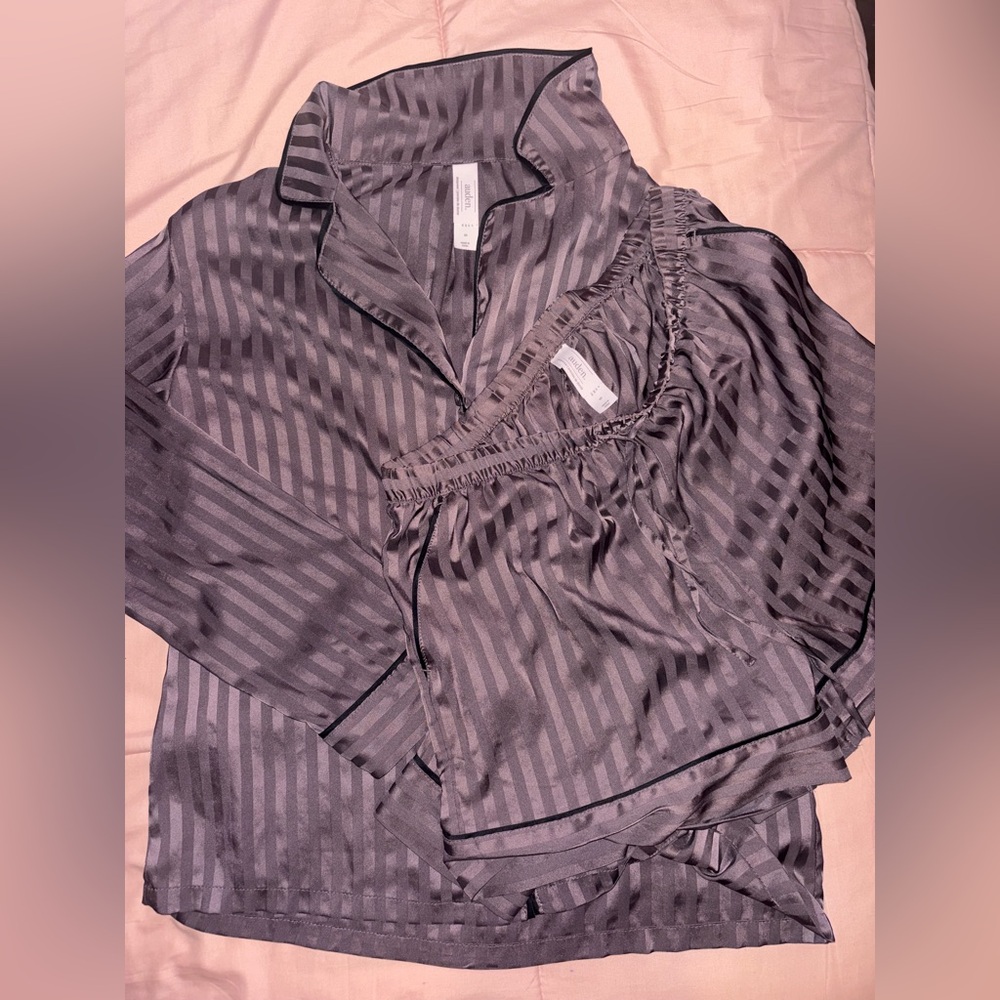Auden Mauve Satin Striped Pajama Set with Black Piping